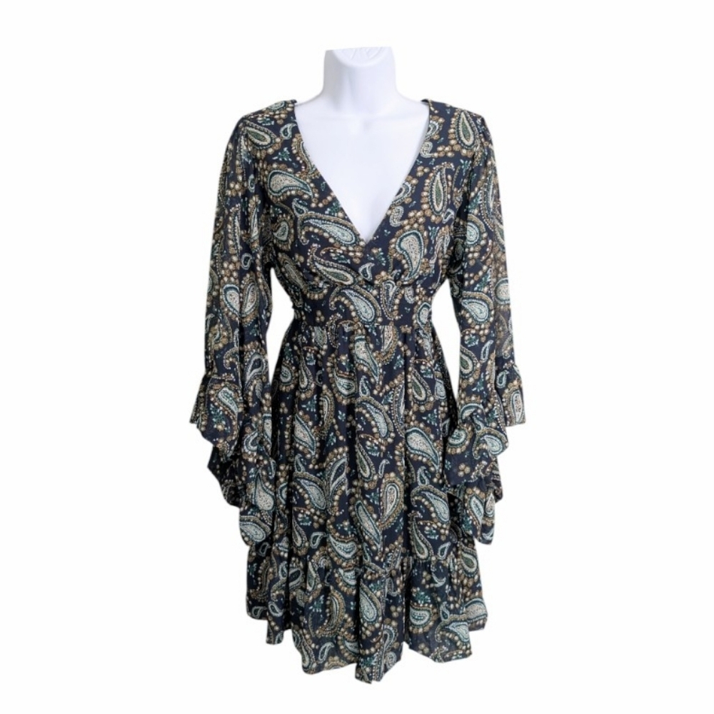 Betsey Johnson Navy Bambi Babydoll Dress Paisley Print Ruffle Flowy Tie-Waist 8